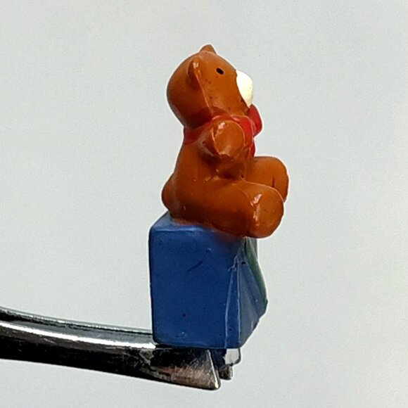 Miniature Brown Teddy Bear On Blue Present Box Decorative Tab Figurine Vintage - Picture 4 of 8